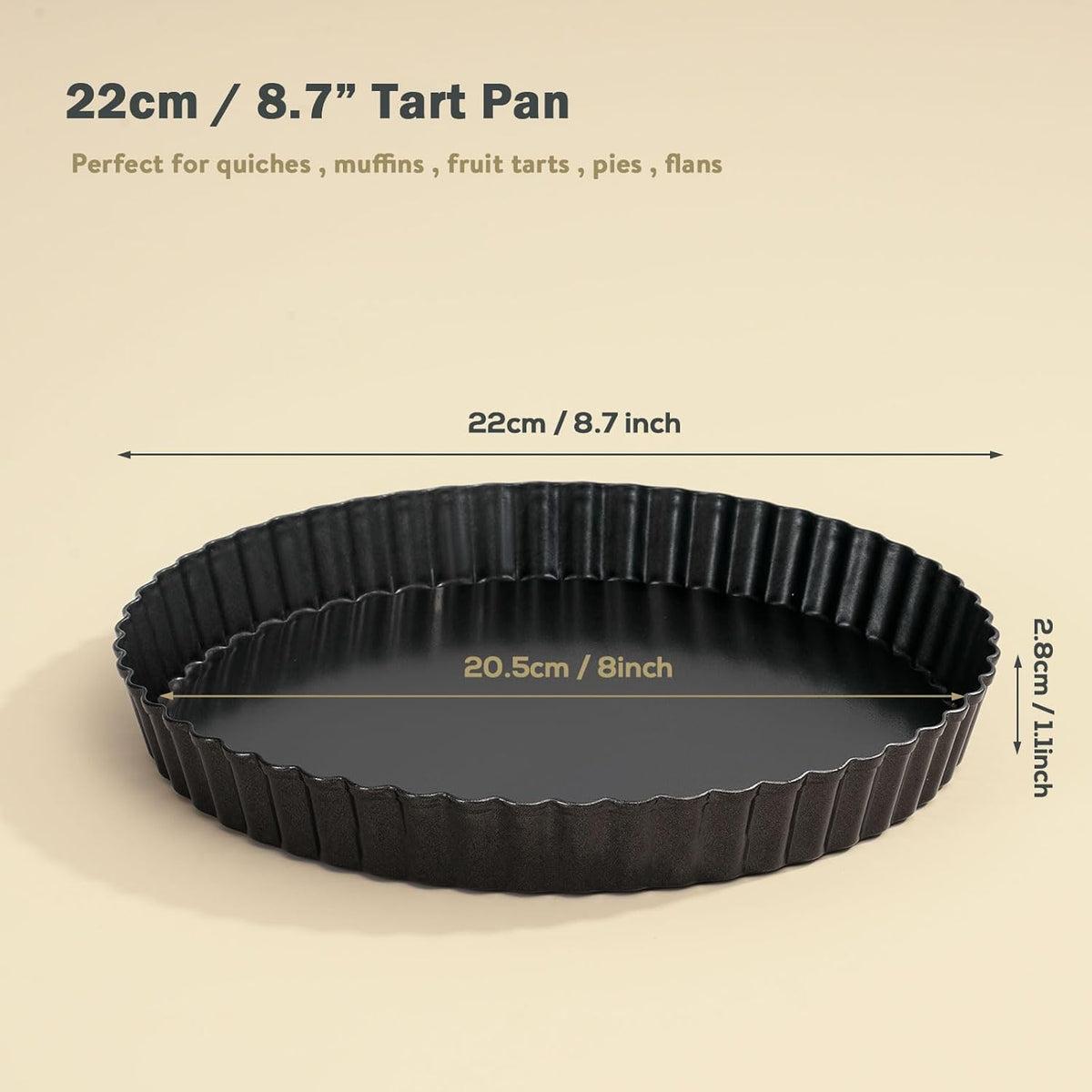 Sturdy Nonstick Tart Pan 9 inch Removable Bottom, Round Carbon Steel Quiche Pan for Baking, Heavy Duty Tart Mold loose for Pie, Mousse Cakes,Fruit and Desserts