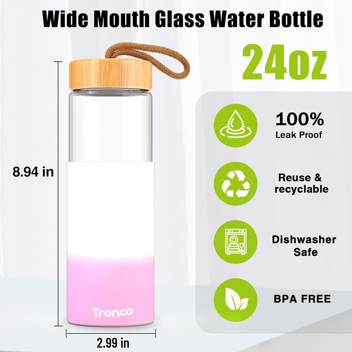 Tronco 24oz Glass Water Bottles with Bamboo Lid & Silicone Sleeve, Leak Proof, BPA Free, Reusable Borosilicate Glass Bottles for Juicing, Smoothies, Juice & Water, for Men & Women Gym, Office, Travel
