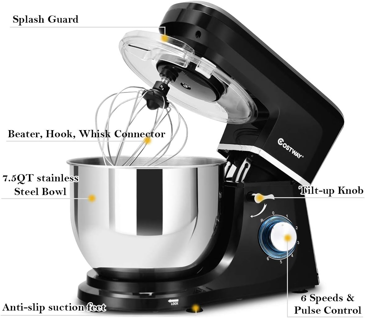 COSTWAY Stand Mixer, 7.5-Quart 660W 6-Speed Electric Mixer with Stainless Steel Bowl, Tilt-head Food Mixer with Dough Hook, Beater, Whisk (Black)