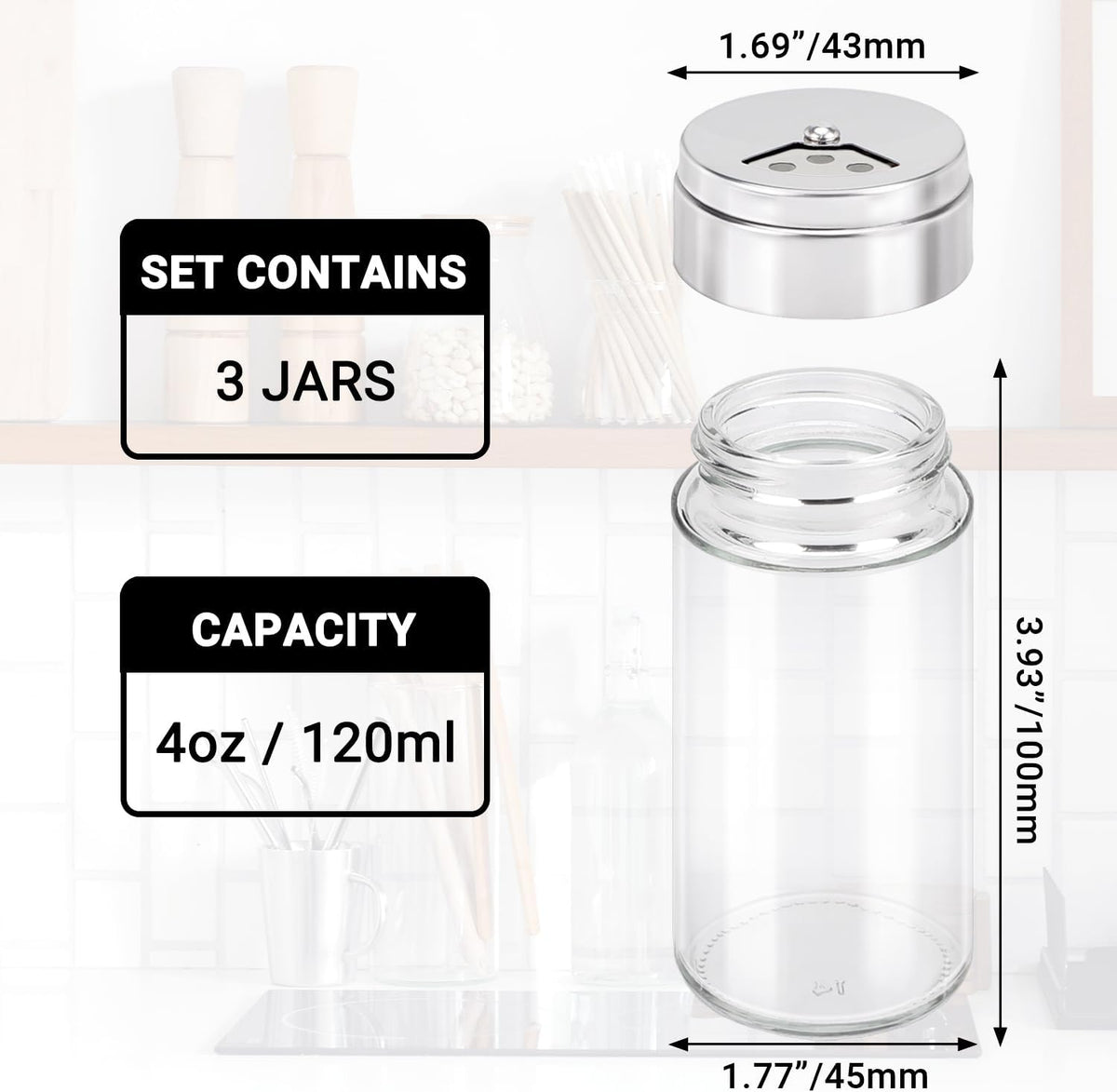 Segarty Spice Jar with Shaker Lids, 3 Pack 4 oz Glass Spice Jars with Adjustable Pour Large Holes, Empty Storage Seasoning Containers Spices Bottles Stainless Lid Salt Shakers for Kitchen Drawer