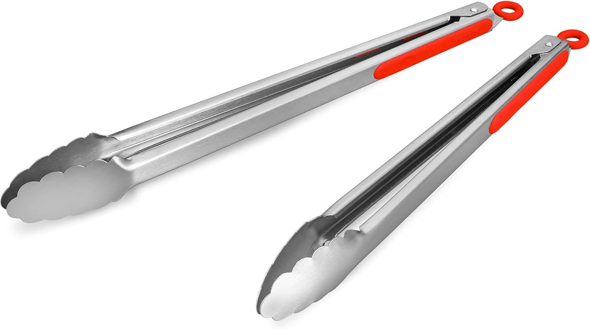 304 Stainless Steel Kitchen Cooking Tongs, 14" and 16" Set of 2 Sturdy Grilling Barbeque Brushed Locking Food Tongs with Ergonomic Grip, Red