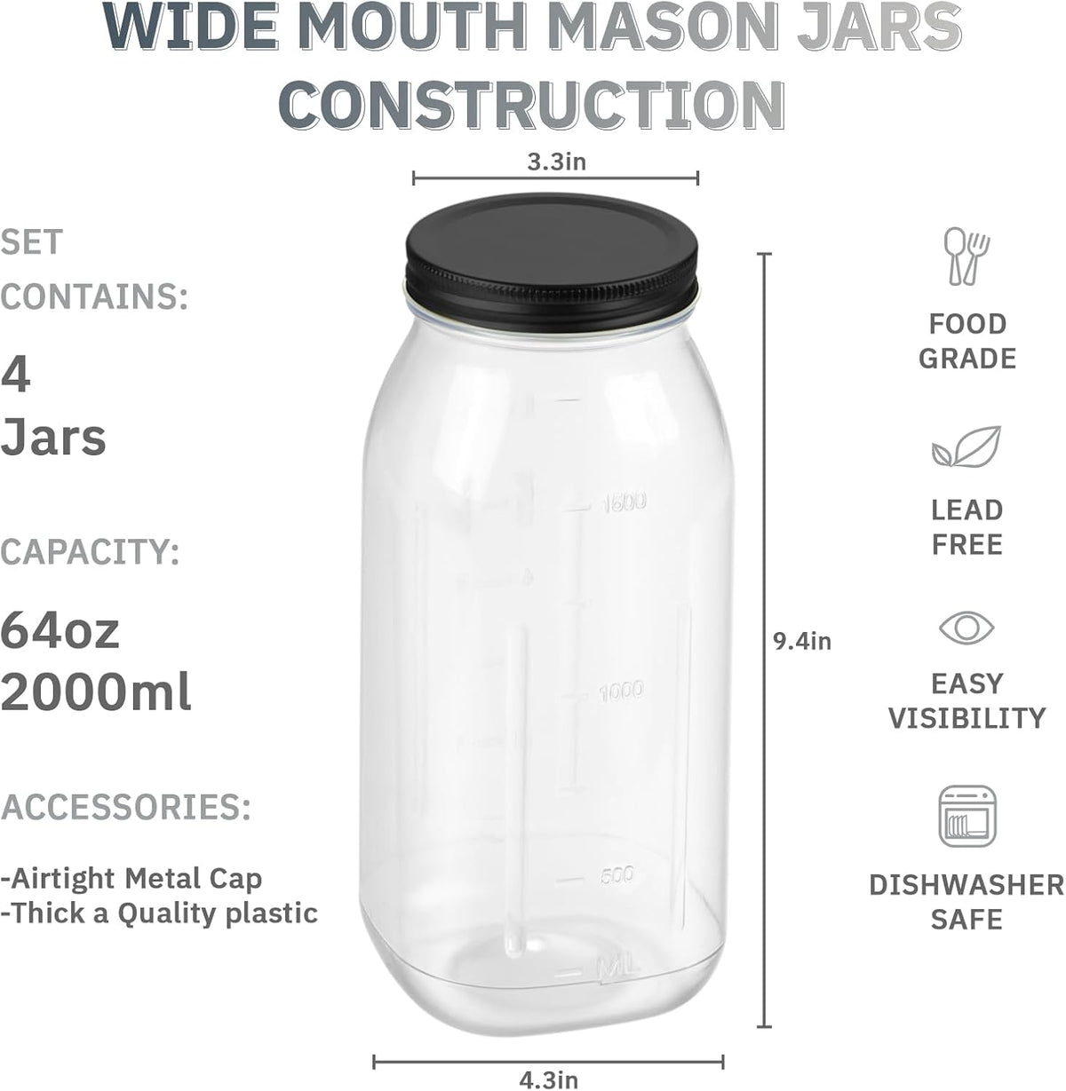 novelinks 64 oz Large Plastic Jars with Metal Lids - 4 Pack BPA-Free Clear Storage Containers for Pantry, Pickles, Sauces, Flour, Snacks - Leak-Proof Airtight Food Grade Jars for Kitchen (Black)