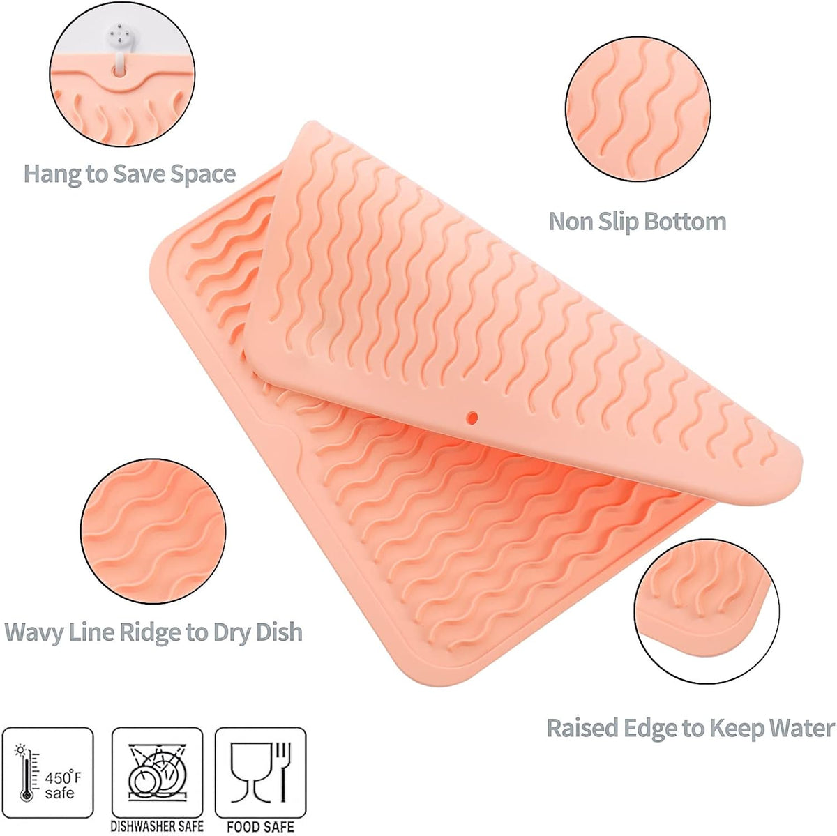 Silicone Dish Drying Mat for Multiple Usage,Easy clean,Eco-friendly,Heat-resistant Silicone Mat for Kitchen Counter or Sink,Refrigerator or Drawer liner Pink M 12 inches x 12 inches