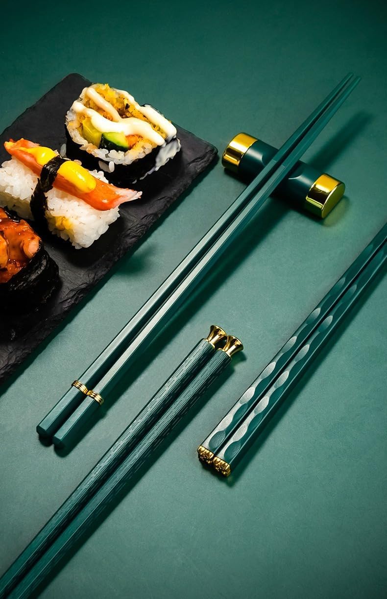 Random Mood Modern Design Chopsticks - Reusable, Dishwasher Safe, Non-Slip Fiberglass, Golden and Lucky Green Multi Style, 5 Pairs, 9.5in/24cm, Great for Chinese, Japanese, Korean Cuisine