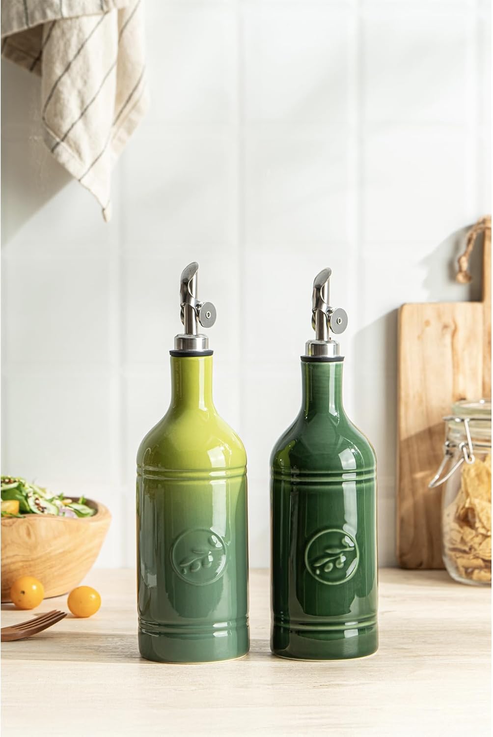 Olive Oil Dispenser Bottle with Spout, 18 oz Ceramic Oil Dispensers for Kitchen, Opaque Cruet, EVOO & Vinegar Bottle with Automatic Stainless Steel Pourer, Pack of 1, Jade Green