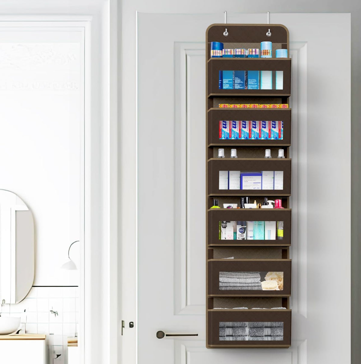 Simple Houseware 6 Clear Window Pocket Over Closet Door Storage Hanging Organizer for Bedroom, Bathroom, Pantry, Brown
