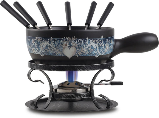 Artestia Swiss Fondue Set for Party - 2L Large Capacity Cheese Fondue Pot Melting Chocolate, Ceramic Fondue Pot, 6 Fondue Forks, Christmas, Wedding Gifts (Enchantment)
