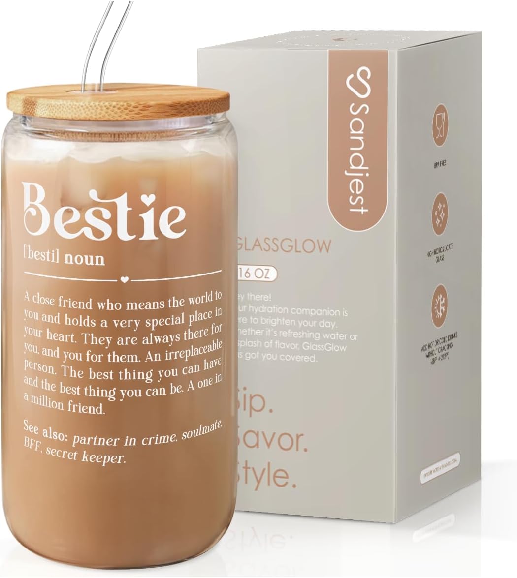 SANDJEST Best Friend Glass Can, Besties Definition Cup with Lid & Straw, Iced Coffee Aesthetic Cups, Gift for Christmas Birthday Mother Day, Gifts for Women Friends Sisters, 16oz