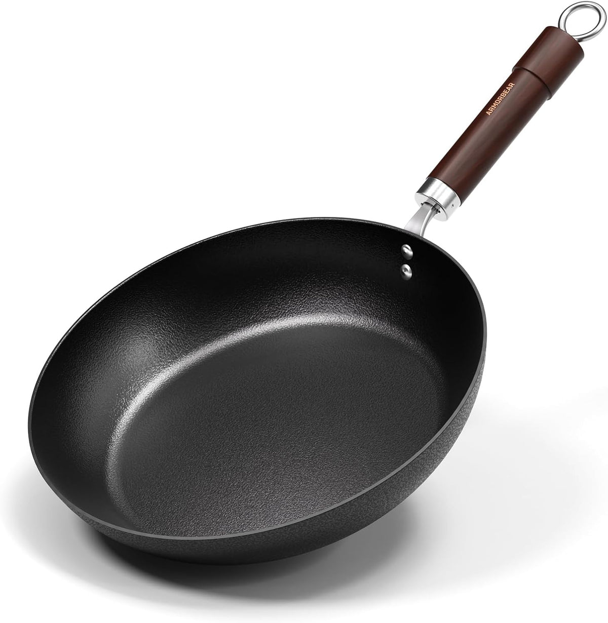 Carbon Steel Frying Pan, Pre-Seasoned 11-Inch Cooking Skillet Wooden Handle, PFAS & PFOA-Free, Nitrided Black Fry Pan for Kitchen, Camping, Chef Use