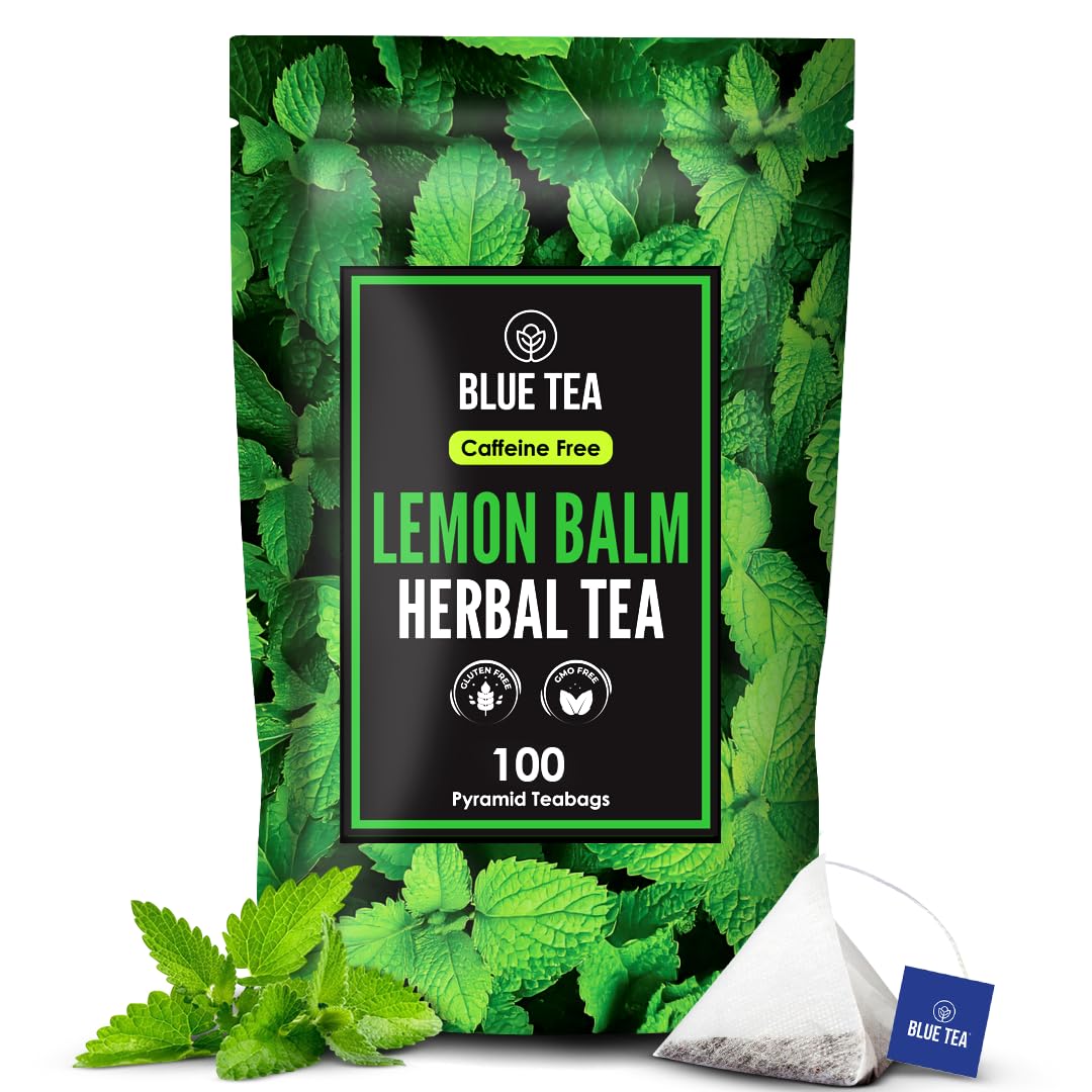 BLUE TEA - Lemon Balm Tea - 100 Count - Plant Based Tea Bag | RELIEVES STRESS - IMPROVES DIGESTION | Reduces Bloating | Refreshing Citrus Flavour - Leaf Based - Caffeine Free | Ziplock Pouch