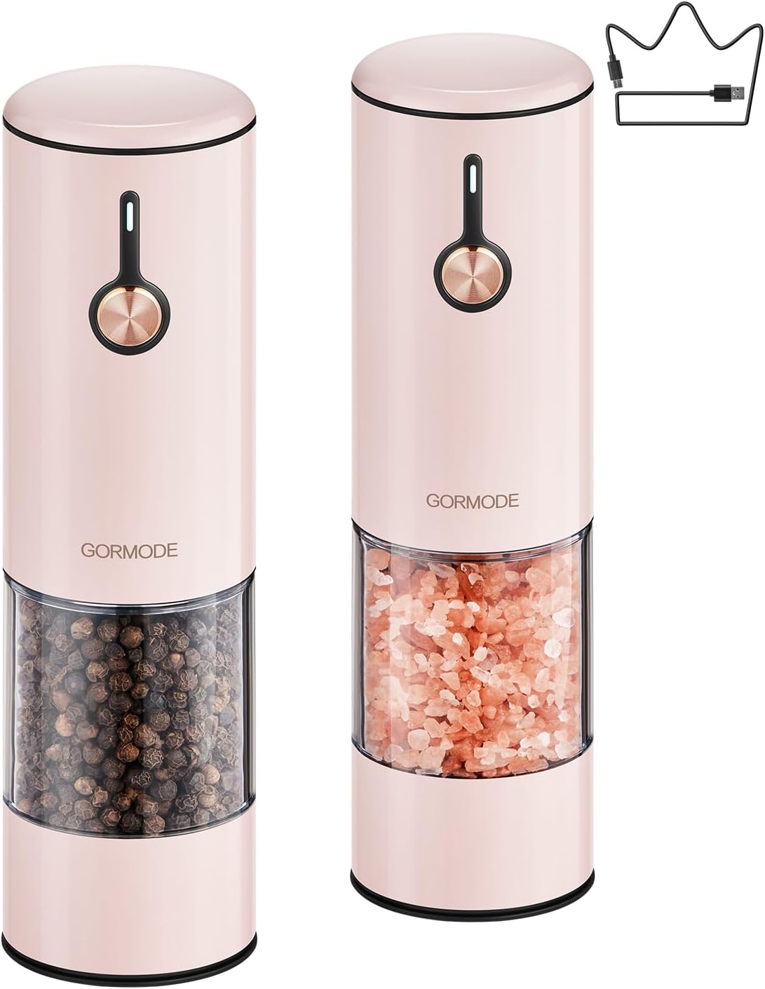 Electric Pepper Grinder and Salt Mill Set - Large Capacity USB Rechargeable Automatic Grinder with Dual LED Lights, One-Handed Operation & Slide Cover - Brushed Stainless Steel