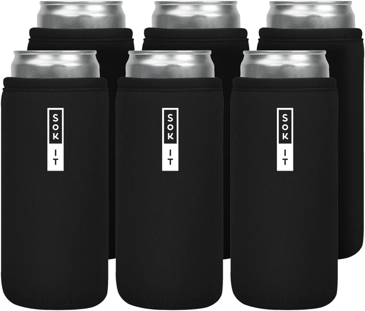 Sok It CanSok 6 Pack Sleeve for Beer & Soda Insulated Neoprene Cover (Black, 12oz Slim Can Sleeve - 6 Pack)