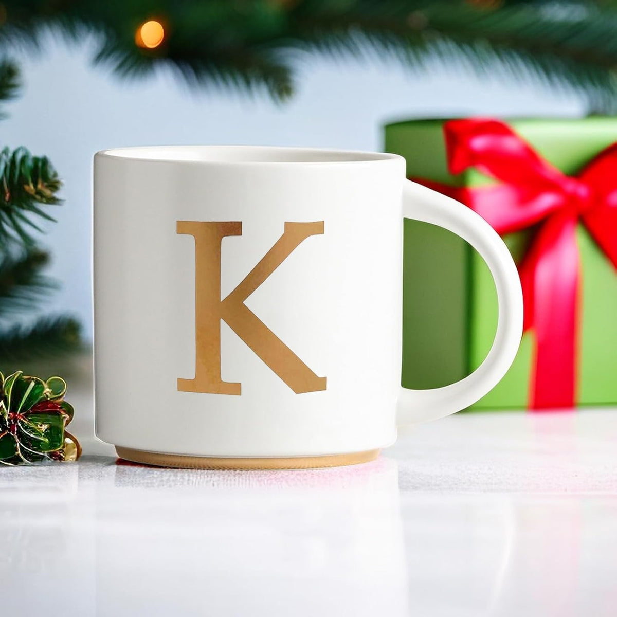 COLLECTIVE HOME - Monogram Ceramic Mugs, 15 oz Golden Initial Coffee Cups, Elegant Alphabet Tea Mugs, Elegant Personalized Mug with Gift Box, Unique Mug with Double Side Capital Letter (K)