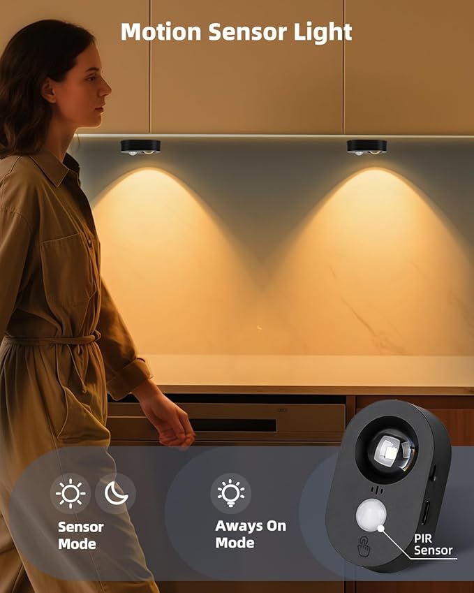 Yiliaw LED Motion Sensor Puck Lights Indoor, Small Rechargeable Under Cabinet Lighting, Dimmable Warm White Closet Lights, Stick on Wireless Night Light for Drawer, Shelf, Kitchen, Black (3 Pack)