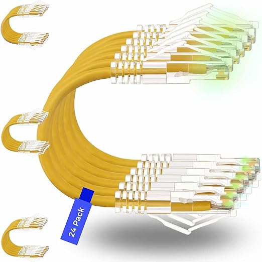 Rapink Patch Cables Cat6/ Cat6a 5ft (24 Pack) Slim, Cat6a Ethernet Patch Cable 50G Support, Snagless Cat 6 Patch Cable for Patch Panel to Switch, Flexiable Cat6 Ethernet Cable Yellow