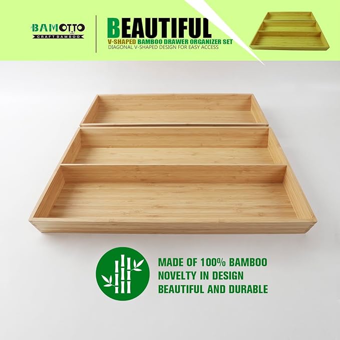 2-Piece V-Shaped Bamboo Drawer Organizer - Ideal for Kitchen's Large Long Tableware, Cooking Utensils, Flatware, Silverware - Wood Storage Box for Home, Bedroom, Bathroom (19.6"x12.4" & 19.6"x7.8")