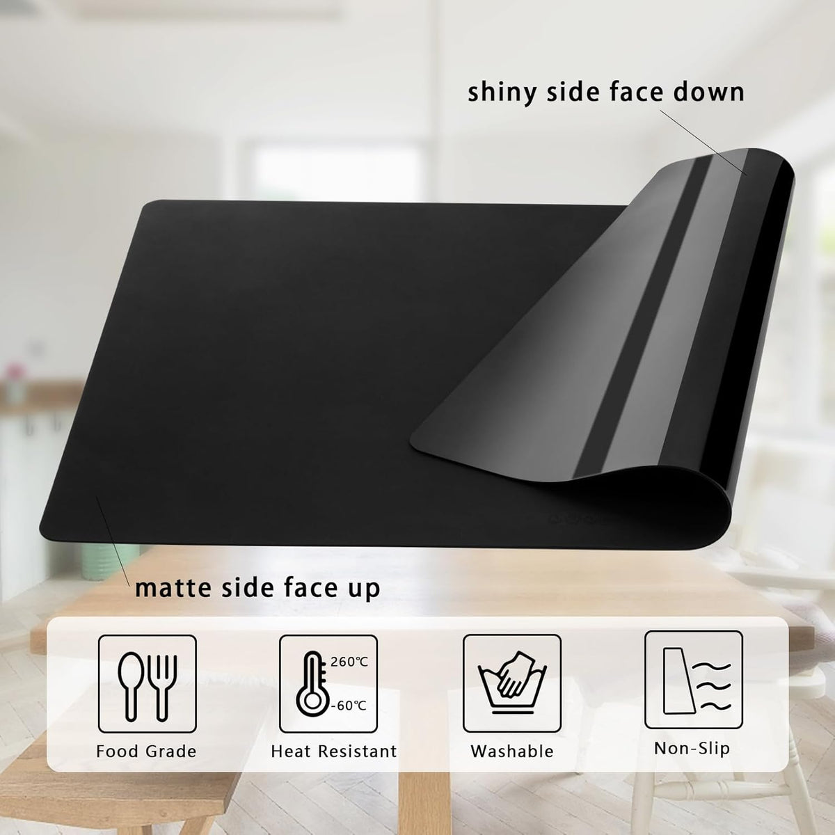 Silicone Placemats, Food-Grade Non-Slip Waterproof, Dining, Stain Resistant, Countertop Protector, Kitchen Counter Mat, Heat Resistant, Baking mat Dishwasher Safe (25.6"×17.7"-1pack Thicken Black)