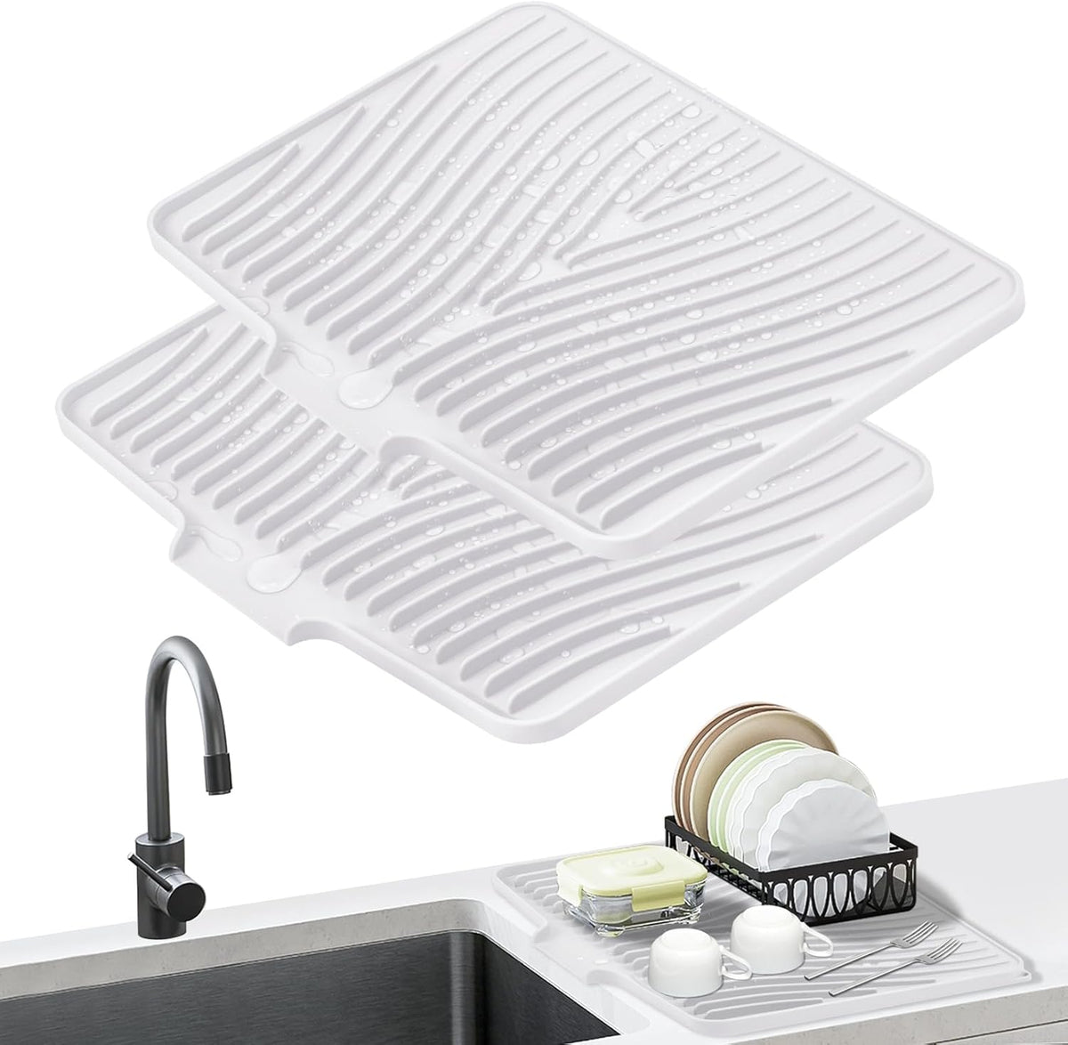 Dish Drying Mat, Stone Drying Mat for Kitchen Counter with Built-in Drain, Non-Slip Drying Matt Kitchen Counter, Heat Resistant Silicone Drying Mat,Dish Drying Pad,2 Pcs(15.8"X13",Ivory)