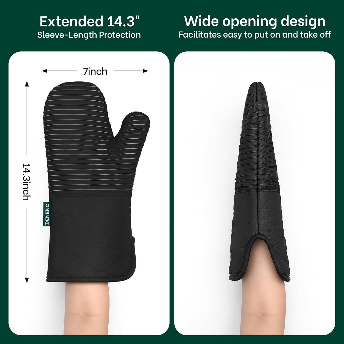 Beneno Kitchen Oven Mitts 2-Pack Heat Resistant to 500°F with Non-Slip Silicone Grip, Extra Long 14.3" Forearm Protection, Soft Quilted Cotton Terry Lining, Ideal for Cooking, Baking, Grilling, Black