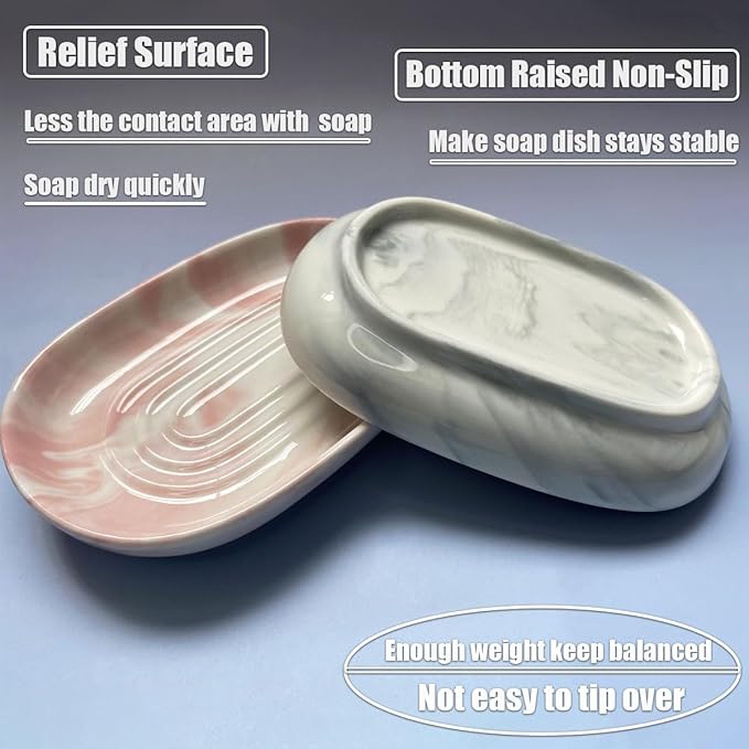 Soap Dish Ceramic, Decorative Ceramic Soap Holder with Unique Marble Textures, Bar Soap Holder for Shower, Bathroom, Kitchen, Tubs, Sink, Hotels, Counters (Green Texture)