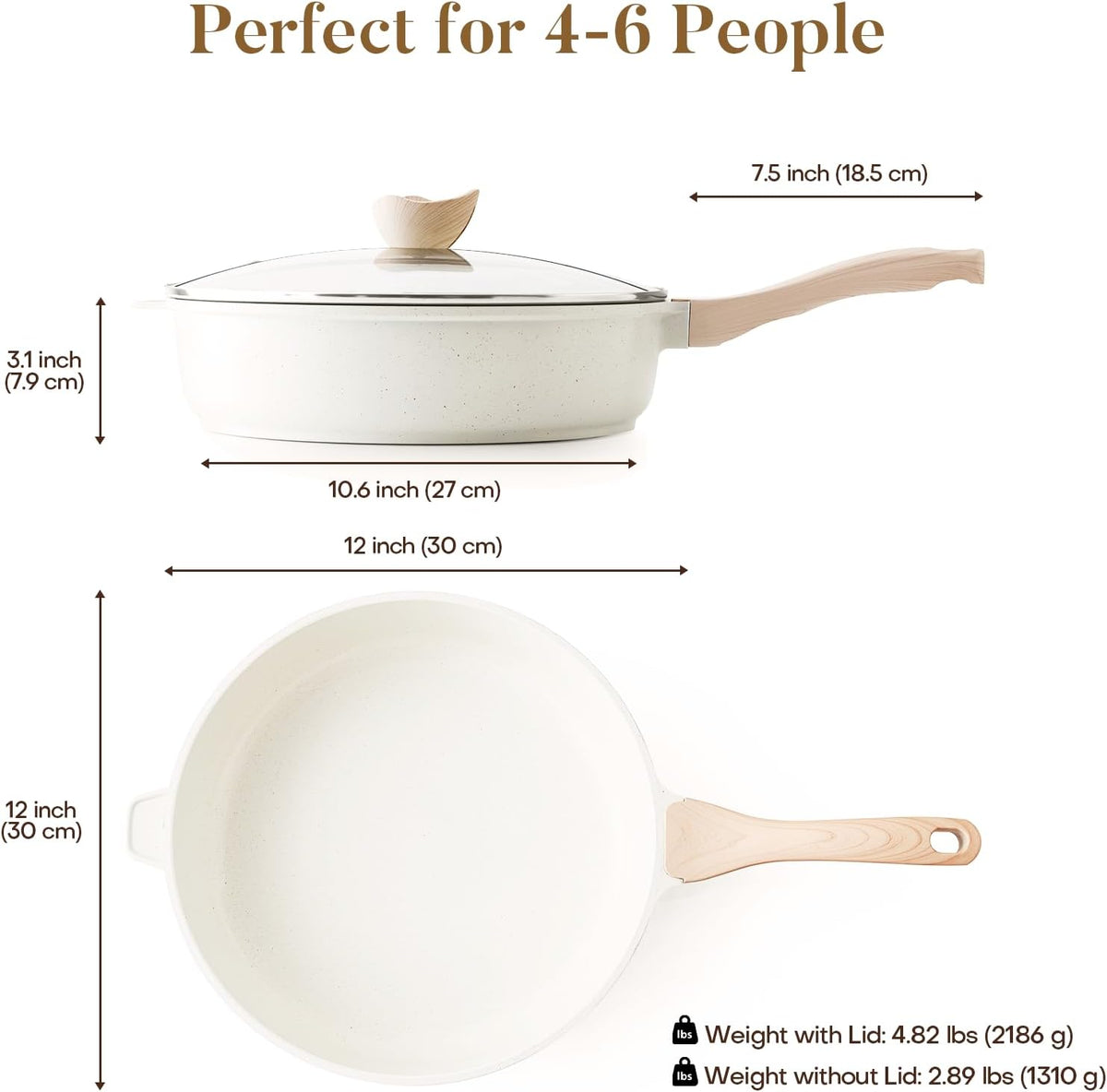 Nonstick Ceramic Deep Frying Pan, 12 Inch Non Toxic Large Skillet with Lid, 5 Qt Healthy Jumbo Cooker, Saute Pan for Cooking, Induction Cookware, PFOA & PFAS Free (Cream)