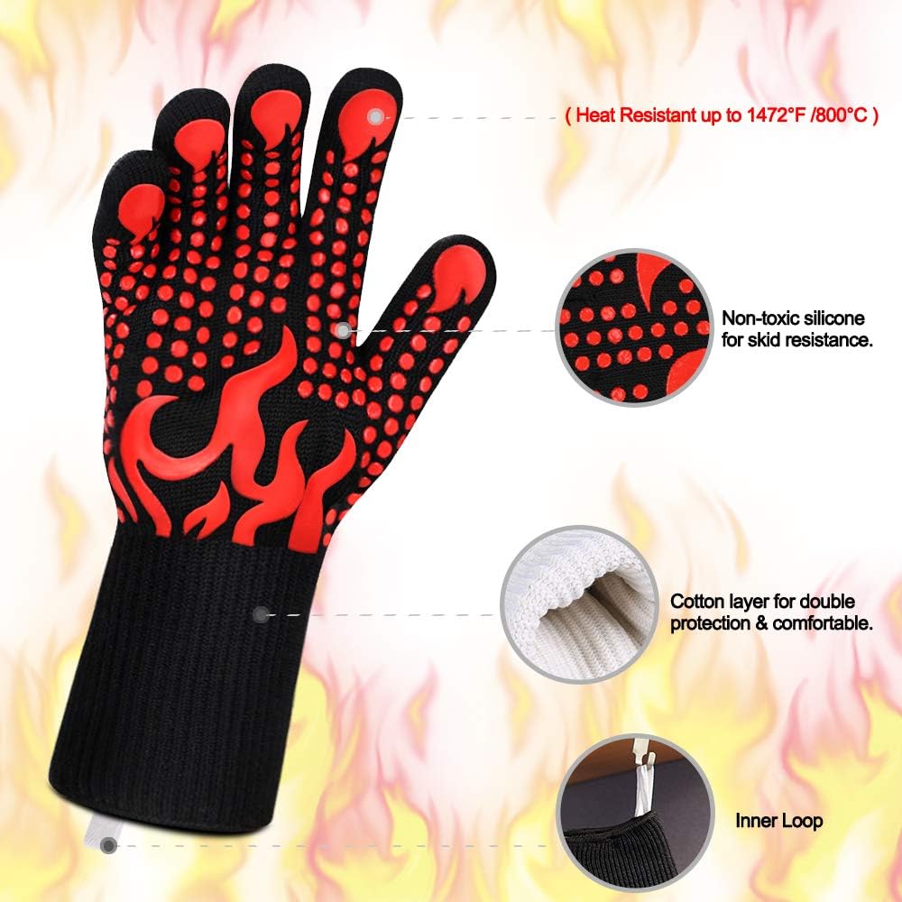 Comsmart BBQ Gloves, 1472 Degree F Heat Resistant Grilling Gloves Silicone Non-Slip Oven Gloves Long Kitchen Gloves for Barbecue, Cooking, Baking, Cutting
