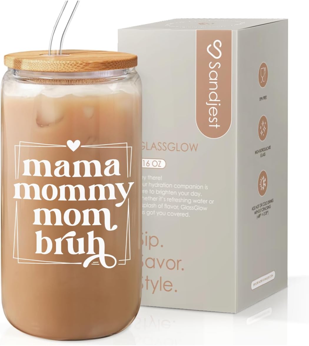 SANDJEST Mother Glass Can, Mama Mommy Mom Bruh Cup with Lid & Straw, Iced Coffee Aesthetic Cups, Idea Gift for Christmas Birthday Mother Day, Gifts for Women, 16oz