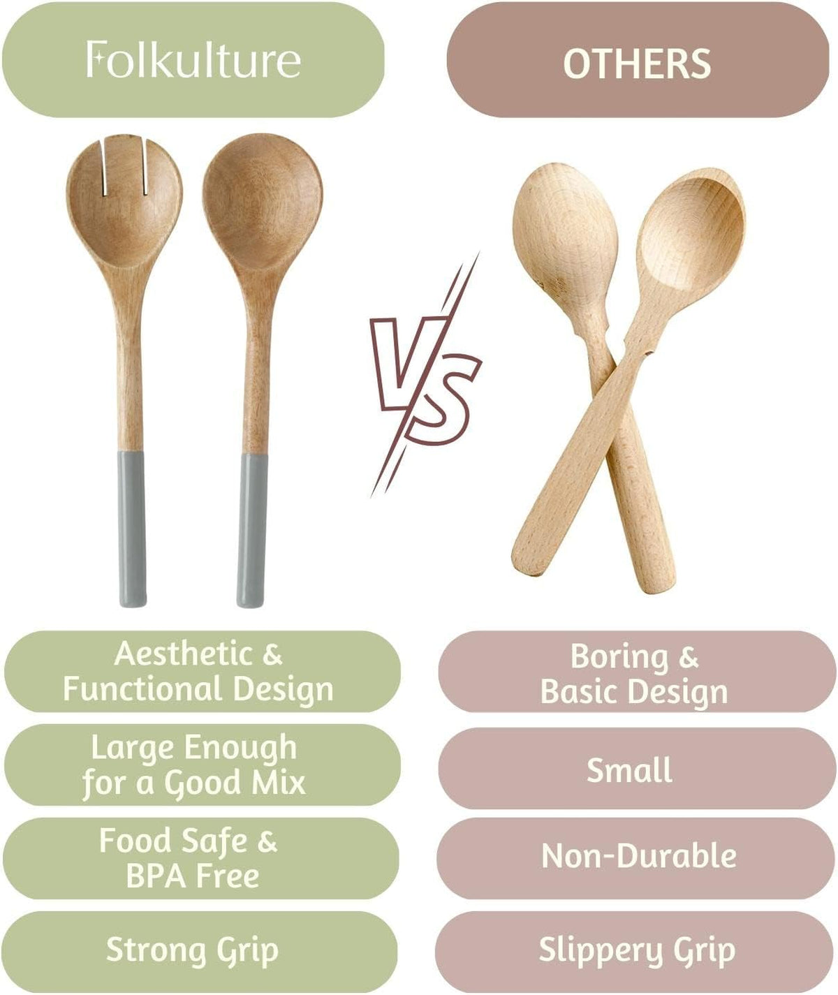 Folkulture Salad Servers or Salad Tongs, Wooden Utensils for Serving Salad, Salad Forks or Salad Tongs for Serving, Salad Sling, 12-inch Spoon and Fork Set, Mango Wood, Grey