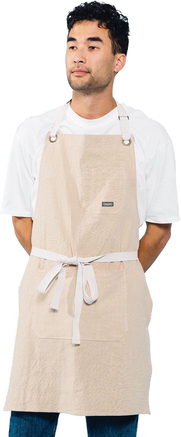 Caldo Linen Kitchen Apron for Cooking- Mens and Womens Linen Bib Apron for Professional Chef, Server, or Barista- Adjustable with Pockets (Bone)