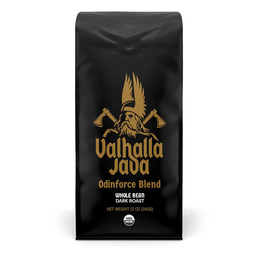 Death Wish Coffee, Valhalla Java Odinforce Blend - Whole Bean Dark Roast - Extra Kick of Caffeine - Arabica & Robusta Coffee Beans - 12 Ounce (Pack of 1)