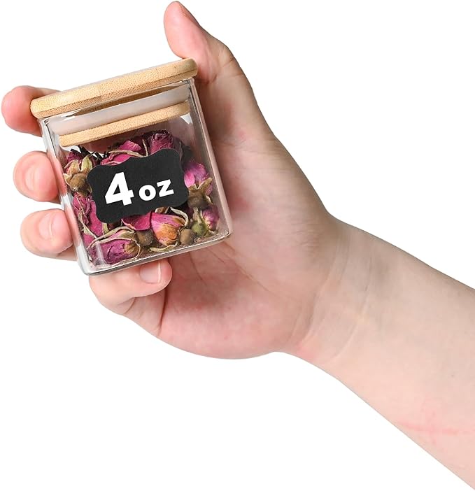 Glass Food Storage Jars Square 4oz, 12 Pack Glass Jars With Bamboo Lids, Kitchen Storage Containers For Spice, Candy, Cookie, Storage For Pantry Organizers