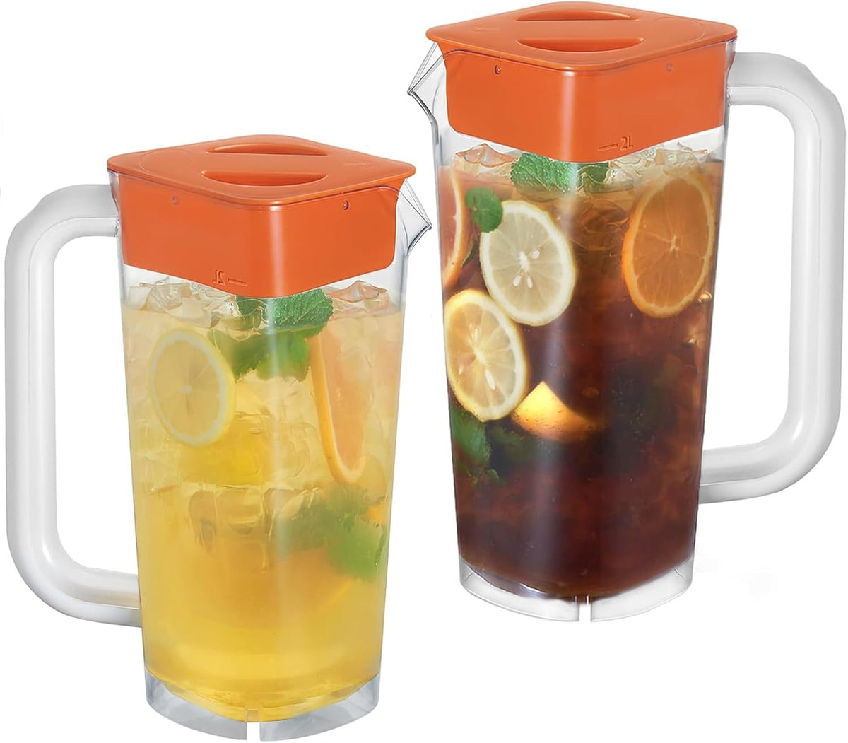 CURTA 2 Pack 2 Liters/68 oz Plastic Square Pitcher with Lid & Handle for Kitchen,ICED JUICE and Coffee Carafe Beverage Serveware, Acrylic Water Jug for Hot/Cold Drinks&lemonade