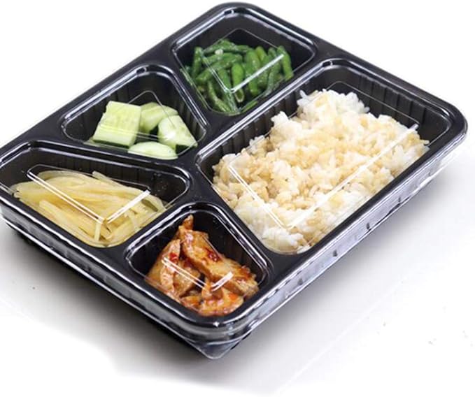 Hemoton 30pcs Disposable Bento Box 5 Compartment Meal Prep Container with Lid Microwave Heating Food Box for Home Restaurant (Black)