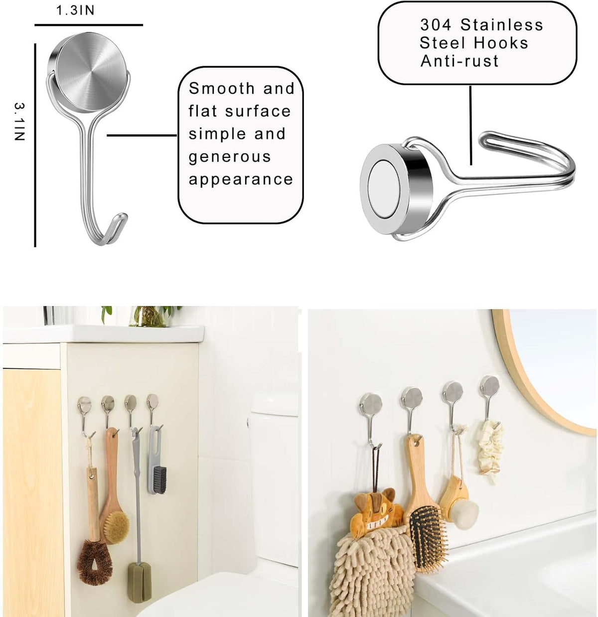 Magnetic Hooks, Heavy Duty 304 Stainless Steel Magnet Hooks for Cruise Refrigerator Grill,Strong Magnet with Hooks for Home Kitchen, Garage Toolbox,4pack （Silver,1.3in-1 40Lbs）