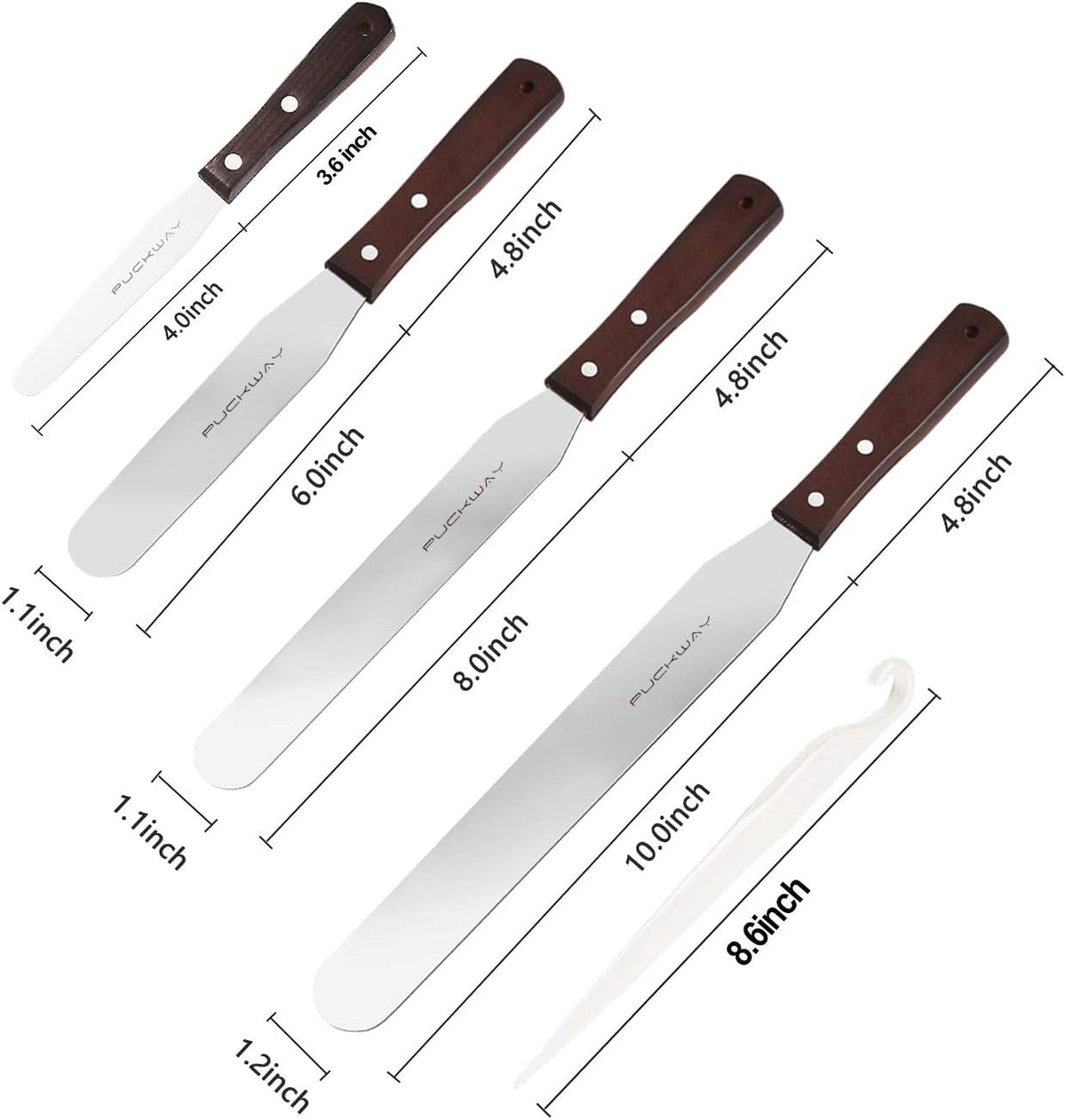 4PCS Cake Decorating Icing Spatula set with 4, 6, 8 & 10 Inch Stainless Steel Blade, Wood Handle Frosting Spatulas and Cake Stripping Tool (Straight Spatulas 4, 6, 8 & 10 Inch)