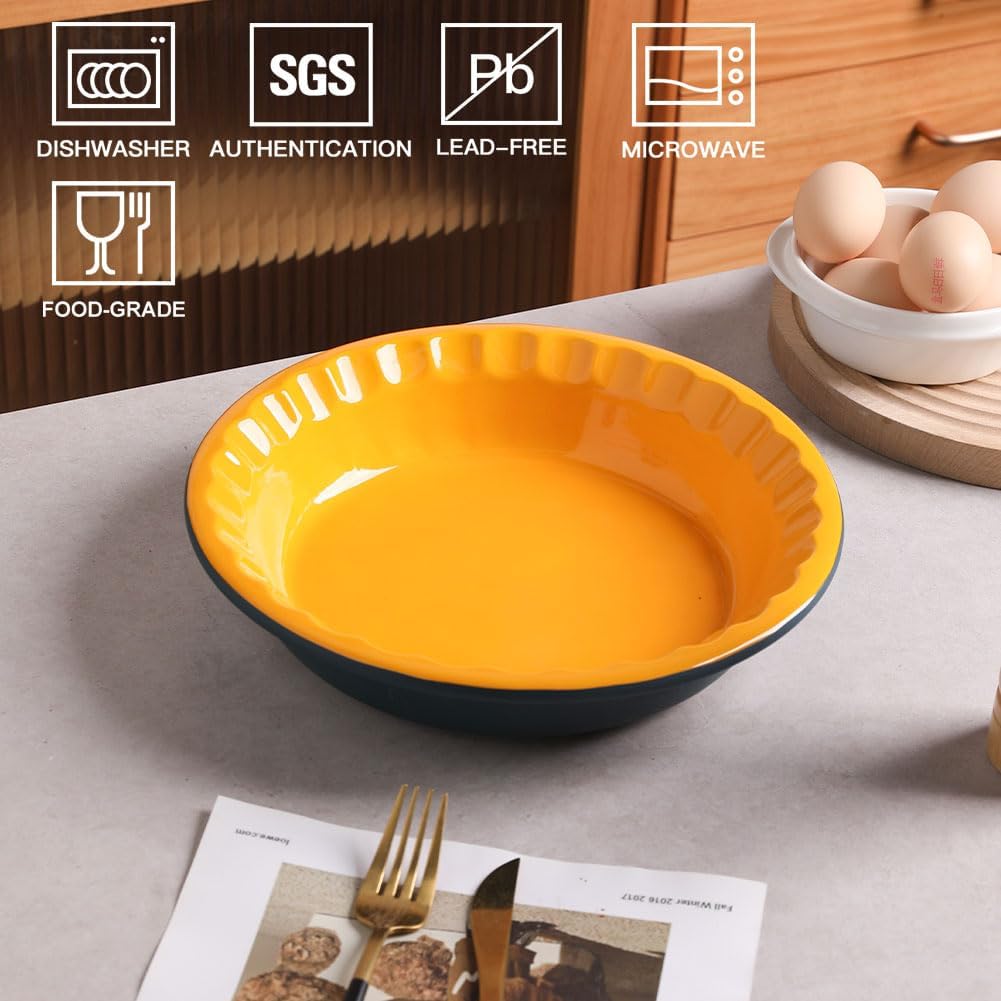 Sweejar Ceramic 10.4 Inches Pie Pan for Baking, Deep and Fluted Porcelain Round Pie Dish, Non-Stick Pie Plate for Pumpkin Pie, Apple Pie, Pie Pots with Morden Farmhouse Design (Blue & Yellow)