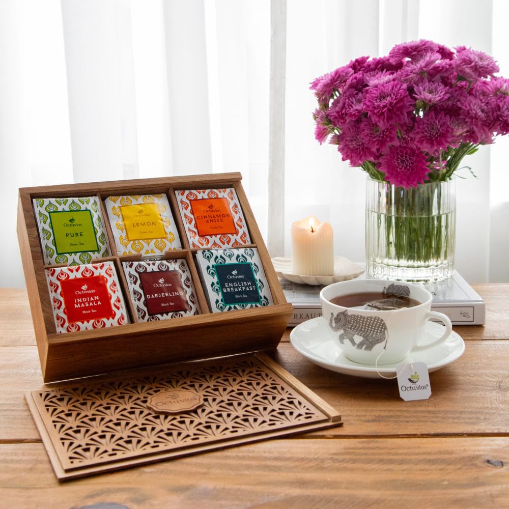 Octavius Tropical Palm Cutwork Wooden Tea Sampler Box | Premium Black & Green Tea Gift Set | 6 Flavors, 90 Tea Bags | Elegant Teas Gift Box for Tea Lovers
