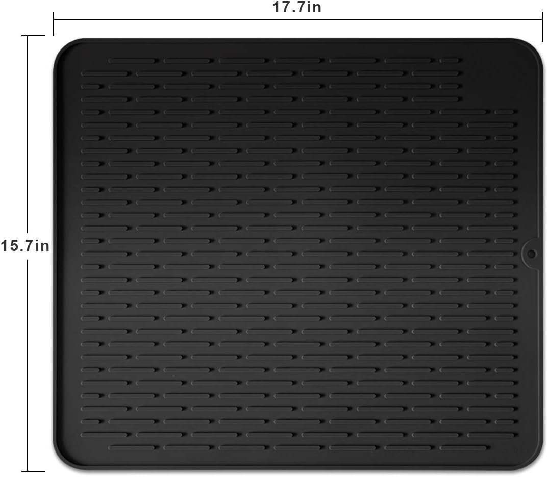 Silicone Dish Drying Mat for Multiple Usage,Easy Clean,Eco-Friendly,Super Sturdy Silicone Dish Drying Mat and Trivet, Dishwasher Safe, Heat Resistant (Black, L 17.7×15.7inch)