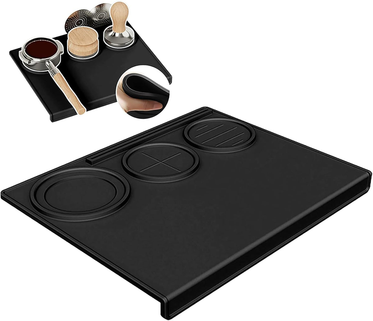 Espresso Tamping Mat 9.8x7.8 Inch, Food Grade Silicone Barista Station for 51/54/58mm Tamper, Anti-Slip Heat Resistant Waterproof, Home and Café Use, Black