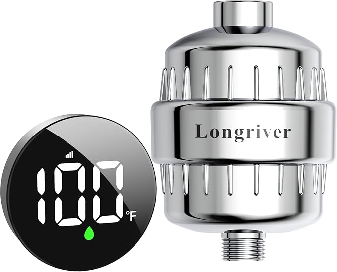 Tem8 Bathroom Shower Filter Fixture with Wireless Temperature Display | Hard Water Purifier 99.99% Remove Chlorine & Heavy Metals | Improve Skin & Hair Health | Chrome Hardware Accessories