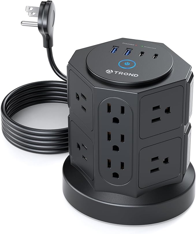 TROND Tower Surge Protector Power Strip with USB, 14 Widely Spaced Outlets, 2-USB C and 2 USB-A, 2100J Surge Protection, 10 Ft Extension Cord with Multiple Outlets Home, Office, Dorm Essentials Black