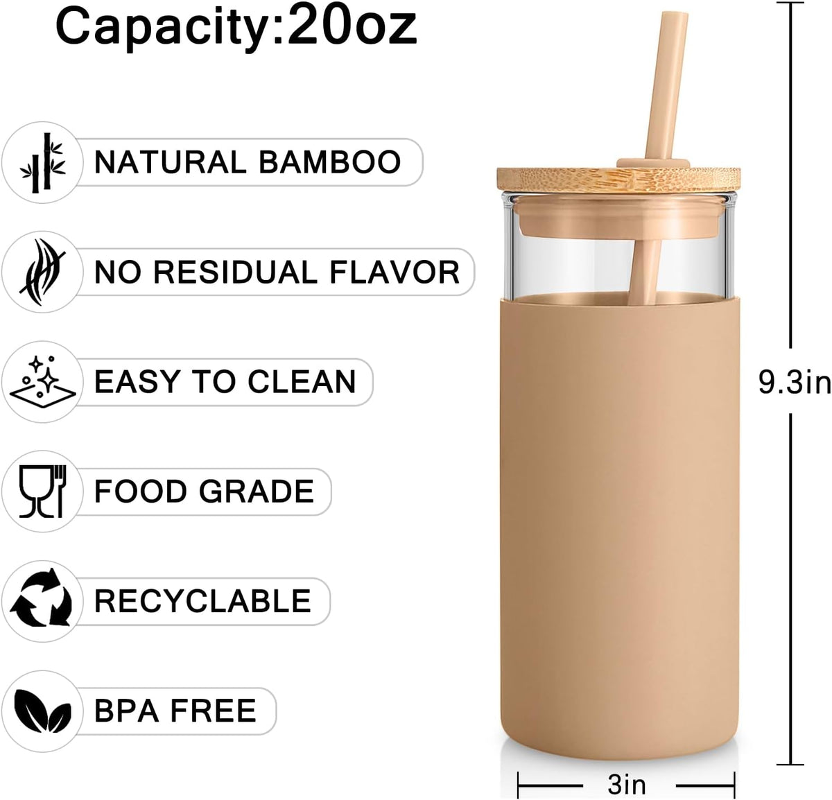 Tronco 20 oz Glass Tumbler Glass Water Bottle Straw Silicone Protective Sleeve Bamboo Lid - BPA Free- Amber/2 Pack