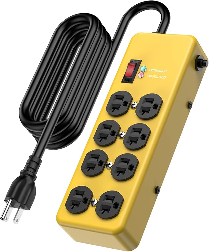 HEZI 20A Power Strip Surge Protector Durable Metal 8-Outlet with Heavy Duty 20 Amp Extension Cord,12 Gauge for Garage,Workshop & Industrial Use with 6-20R T-Slot Outlets,4800J(Yellow,6FT)