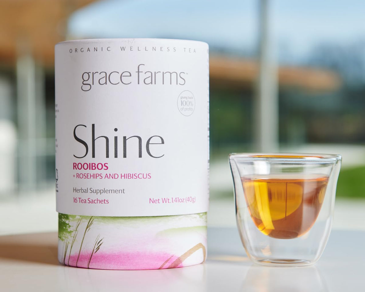 Grace Farms SHINE Wellness Organic Tea Blend (16 Pyramid Sachets) | Hydrating Tea For Skin and Detox | Rooibos, Rosehips, Hibiscus, Tulsi, and Haritaki | Fairtrade and Kosher | Gives Back 100% of Profits