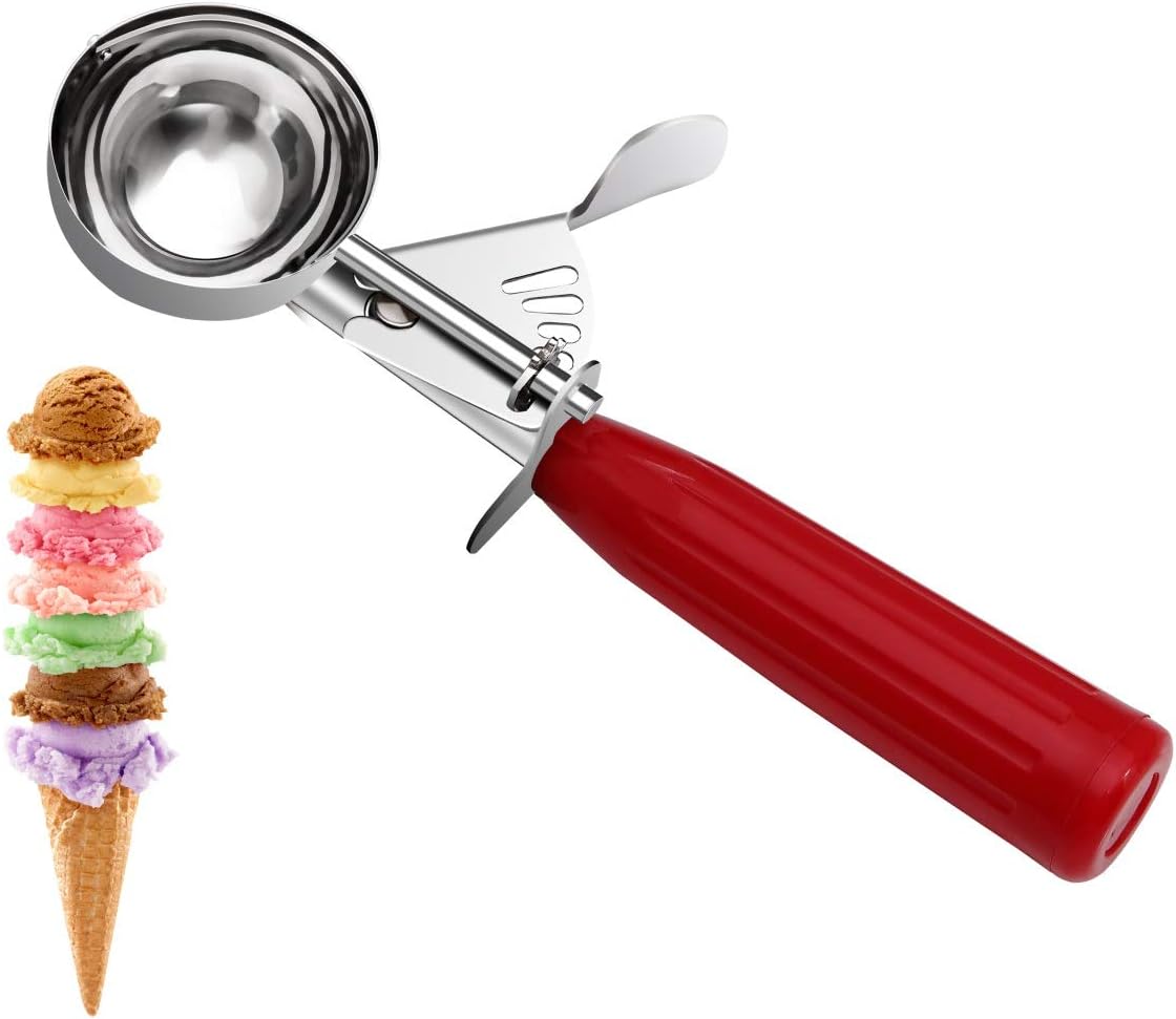 Commercial-Grade Ice Cream Scooper 1.33 oz, 18/8 Stainless Steel Cookie Scoop with Plastic Handle, Portion Control Disher Scoop for Bakeries, Restaurants & Dessert Shops, #24, Red