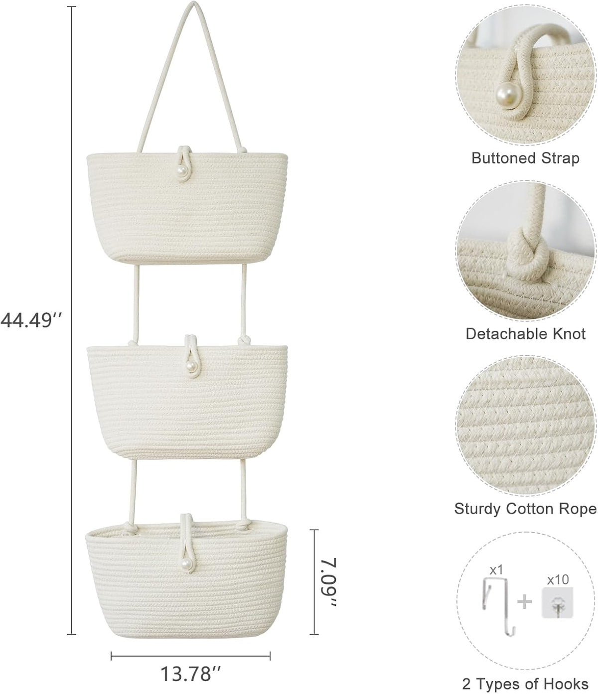 TeoKJ 3-Tier Hanging Baskets for Storage with Pearl Button Strap, Over The Door Storage Baskets for Bathroom, Bedroom, Closet, Door Storage Organizer for Decoration, White
