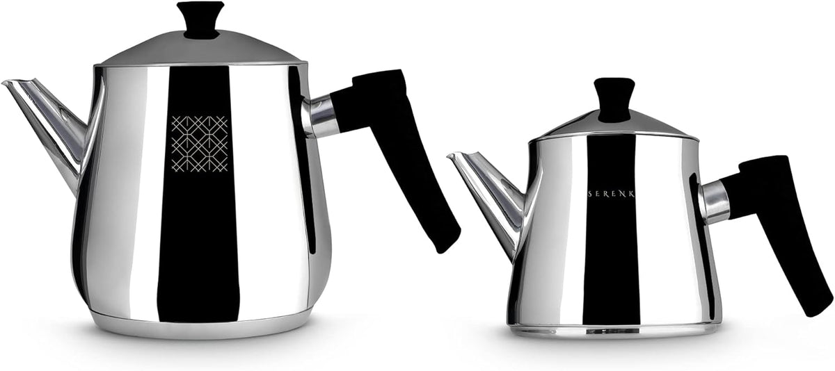 Serenk Stainless Steel Turkish Teapot Set, Double Kettle Set with Non-Slip Bakelite Handles, 101 Oz Black