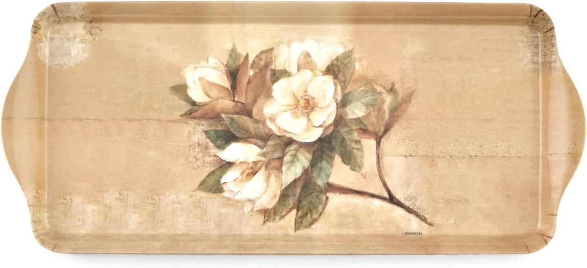 Pimpernel Sugar Magnolia Sandwich Tray - Rectangular Melamine Snack Tray with Blooming Floral Design, Pink & Green Tones - Dishwasher Safe Serving Platter for Breakfast Pastries or Decorative Display
