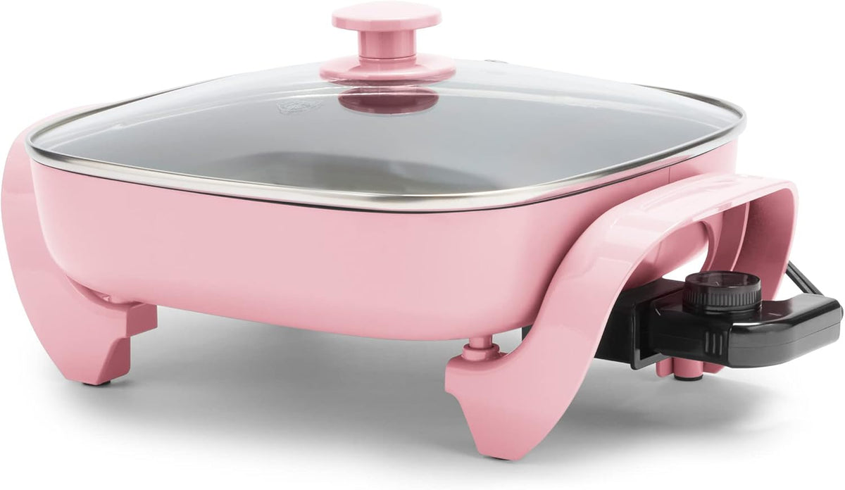 GreenLife12" 5QT Square Electric Skillet, Glass Vented Lid, Ceramic PFAS-Free Nonstick Coated Interior, Adjustable Temperature Control, Cool Touch Handles, Quick Even Heating, Scratch Resistant, Pink