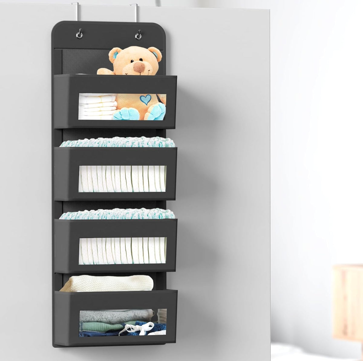 Simple Houseware 4 Clear Window Pocket Over Closet Door Storage Hanging Organizer for Bedroom, Bathroom, Pantry, Dark Grey